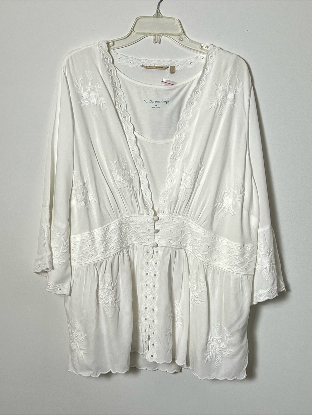 Soft Surroundings Melissani Embroidered Eyelet Tunic Blouse Boho White 1X